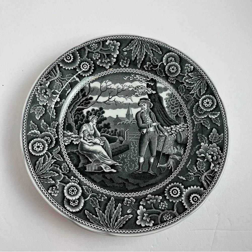 Spode Georgian Series Woodman 10” Dinner Plates Black S3480-W England Set of 4